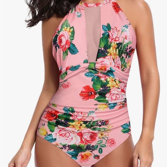 2️⃣ Tempt Me Women’s One Piece Swimsuits Pink and Black Flower V-Neckline Mesh. - Picture 2 of 16
